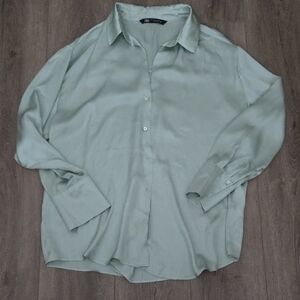 Zara Light Green Wide Collar Button Down Poly Satin Blouse Women XL